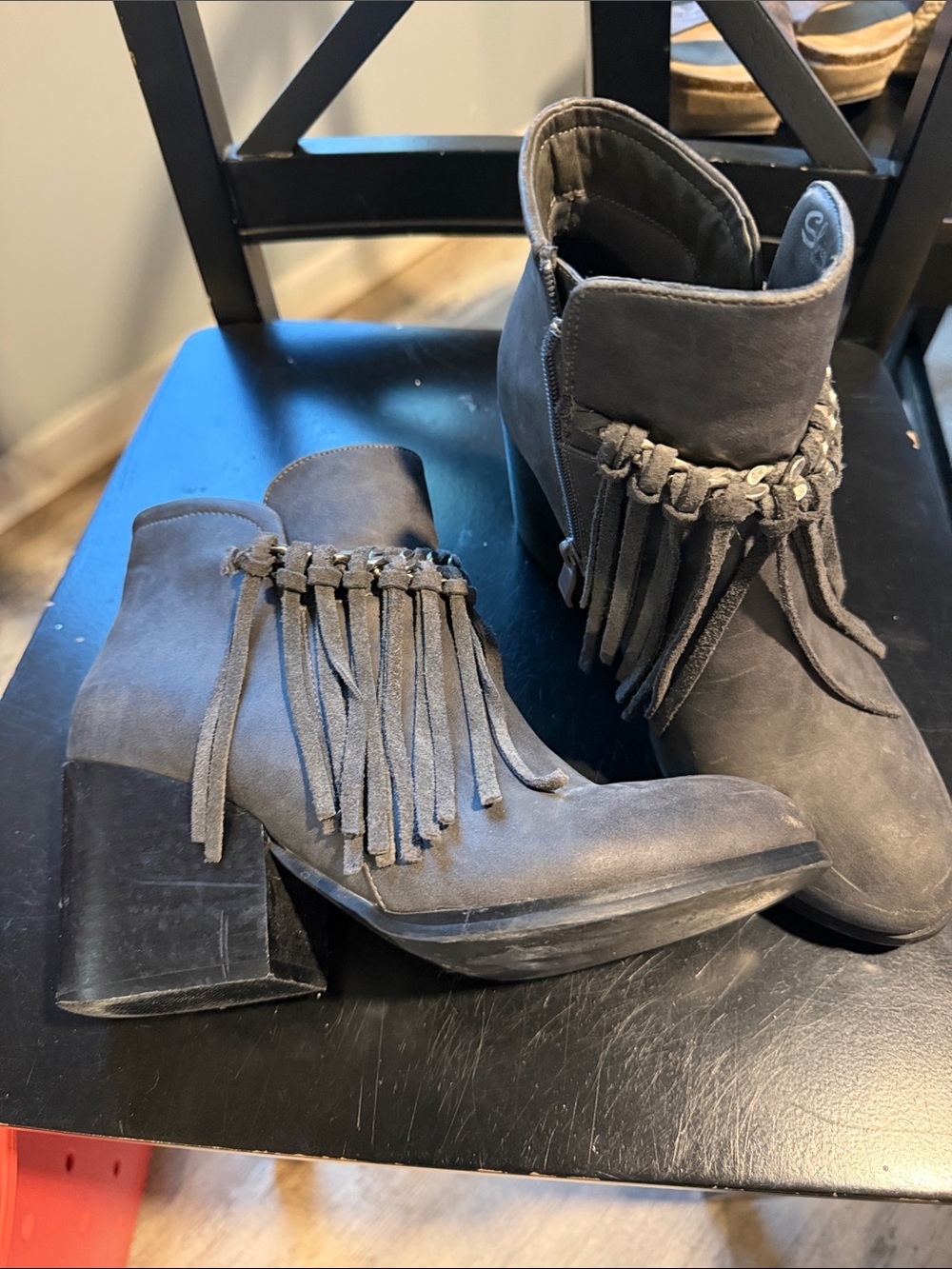 Fringe Ankle Booties - Gray Suede Women's Heels
